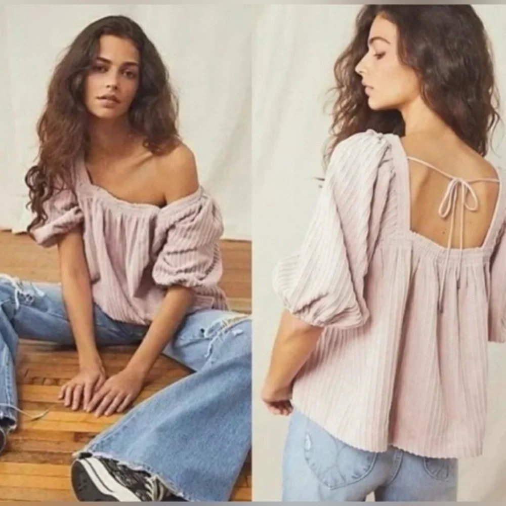 Free People Raquel Cord Puff Sleeve Oversized Textured Blouse, Size M